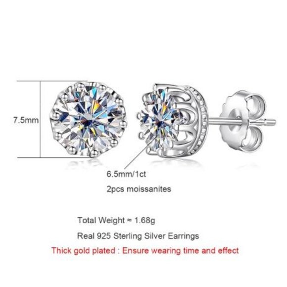 Certified 2ct. t.w. Moissanite Diamond Crown Stud Earrings NEW - Picture 10 of 13
